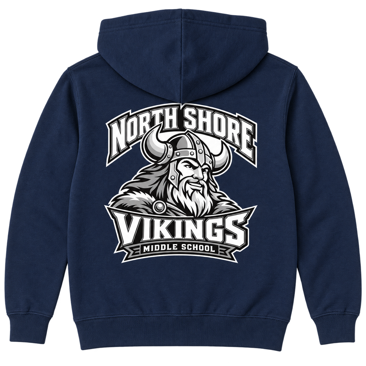 Navy North Shore Middle School — Viking Captain Full-Zip Hoodie, youth fit back digital mockup