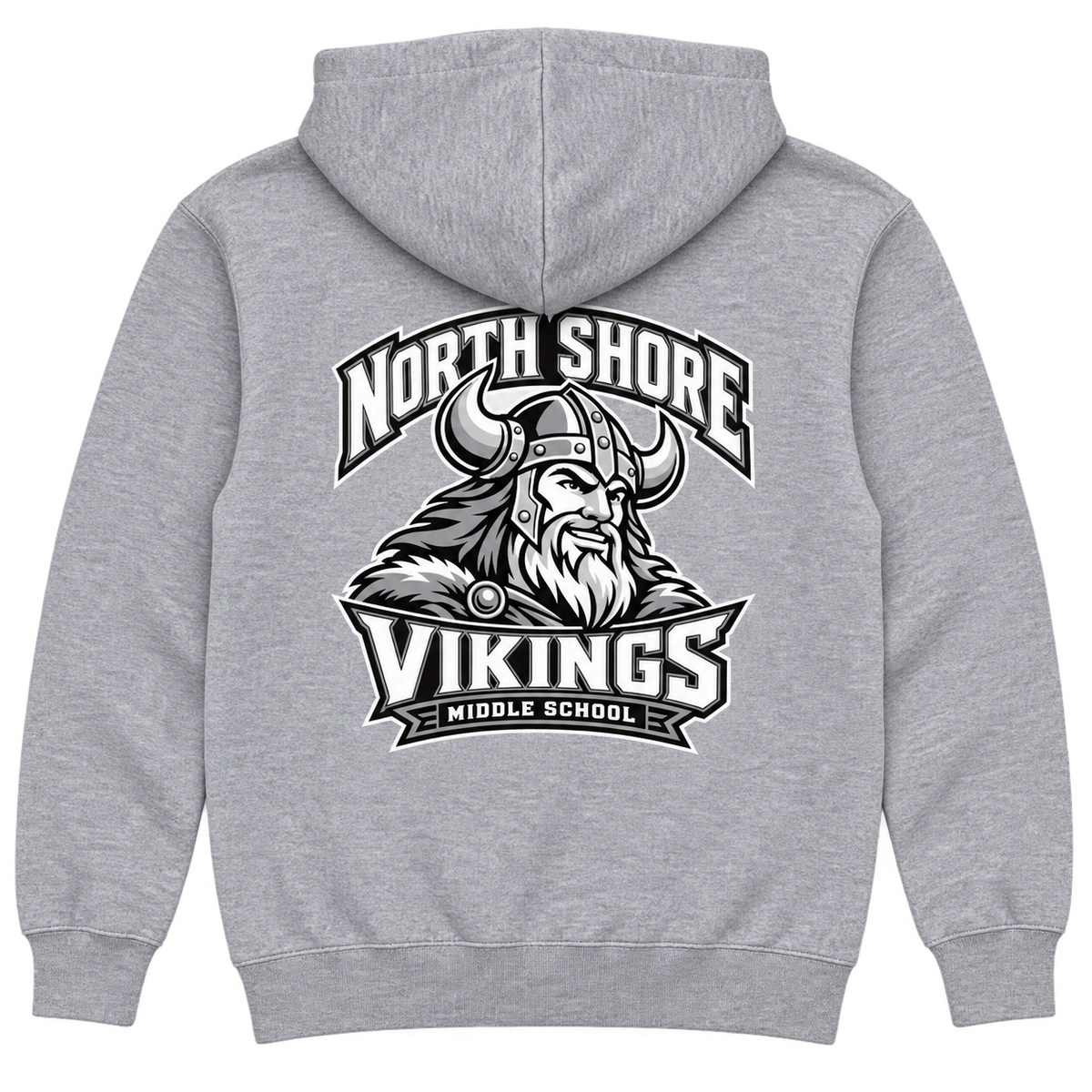 Sport Grey North Shore Middle School — Viking Captain Full-Zip Hoodie, youth fit back digital mockup