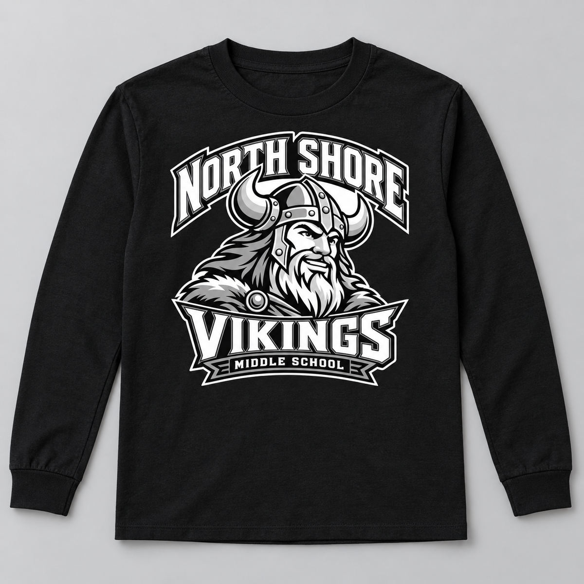 Black North Shore Middle School — Viking Captain Long Sleeve, youth fit front digital mockup