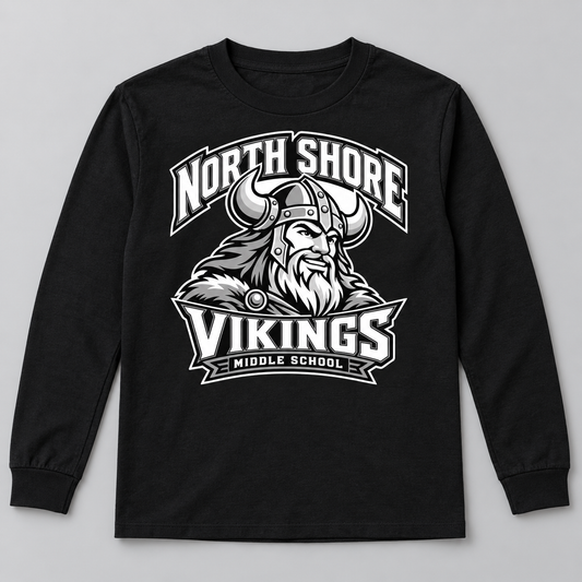 Black North Shore Middle School — Viking Captain Long Sleeve, youth fit front digital mockup