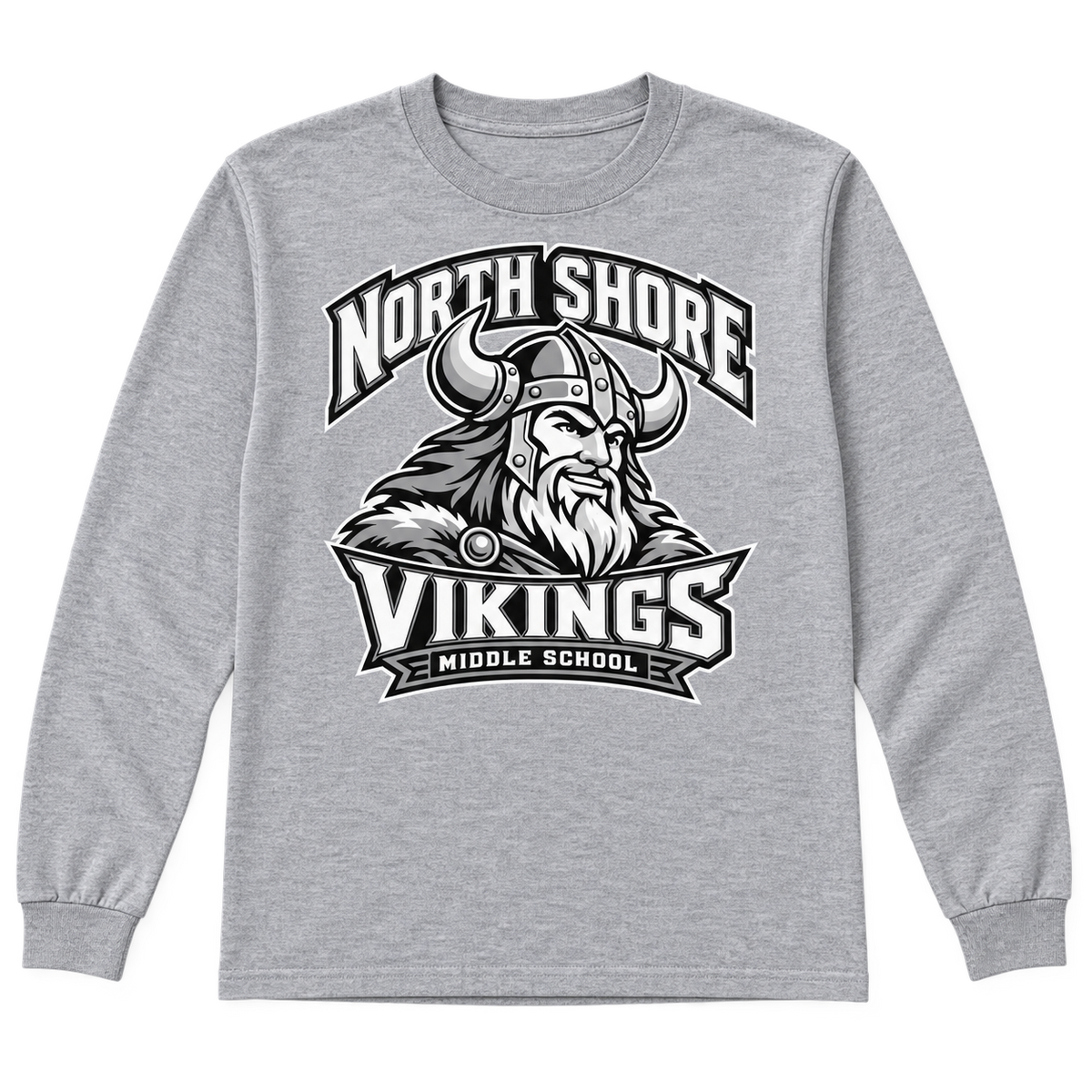 Sport Grey North Shore Middle School — Viking Captain Long Sleeve, youth fit front digital mockup