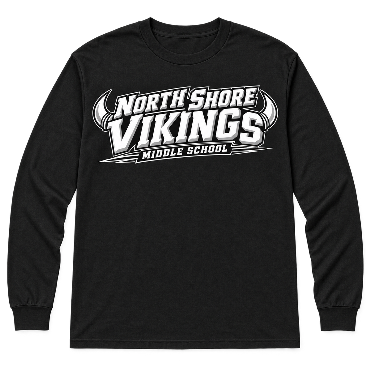 Black North Shore Middle School — Power Type Long Sleeve, adult fit front digital mockup
