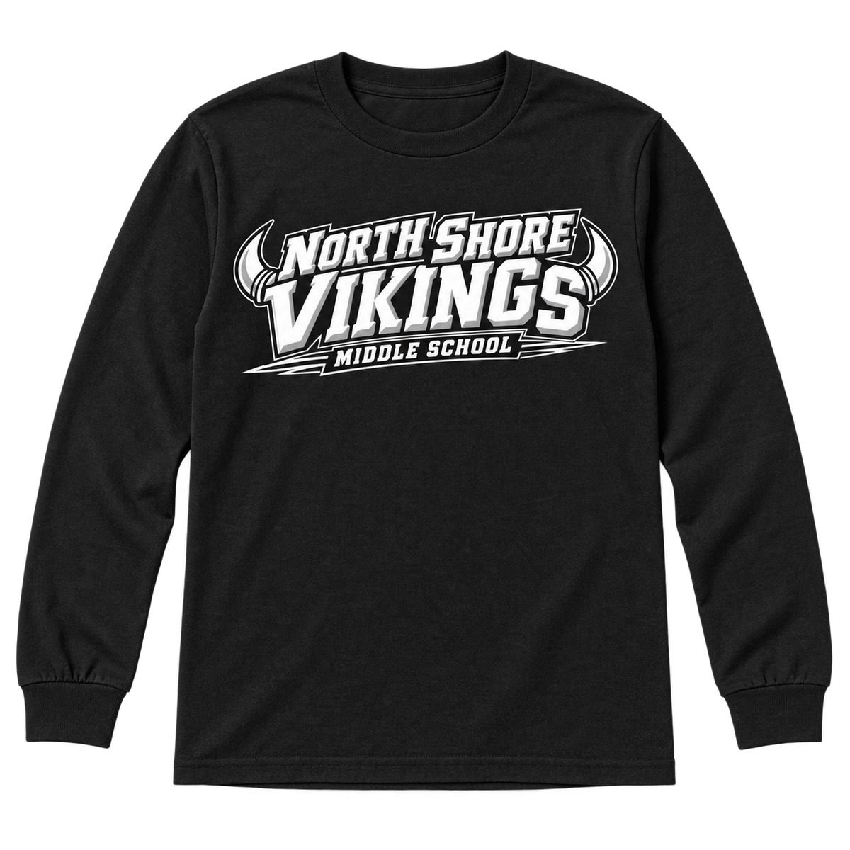 Black North Shore Middle School — Power Type Long Sleeve, youth fit front digital mockup