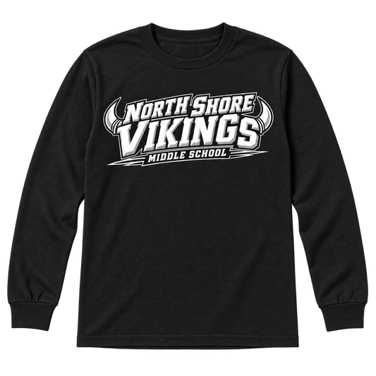 Black North Shore Middle School — Power Type Long Sleeve, youth fit front digital mockup