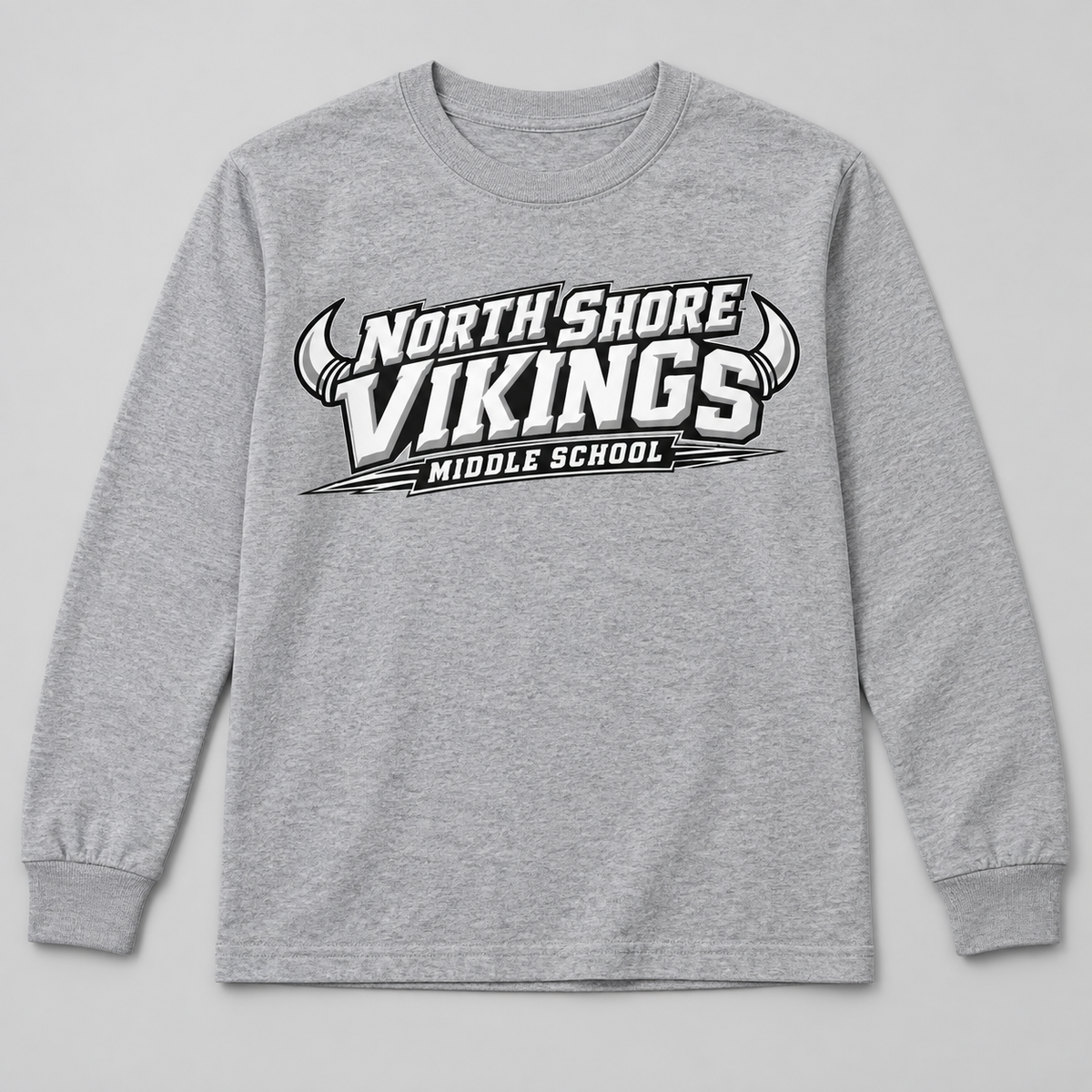 Sport Grey North Shore Middle School — Power Type Long Sleeve, youth fit front digital mockup