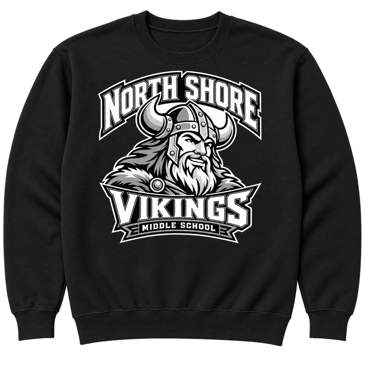 Black North Shore Middle School — Viking Captain Crewneck, adult fit front digital mockup