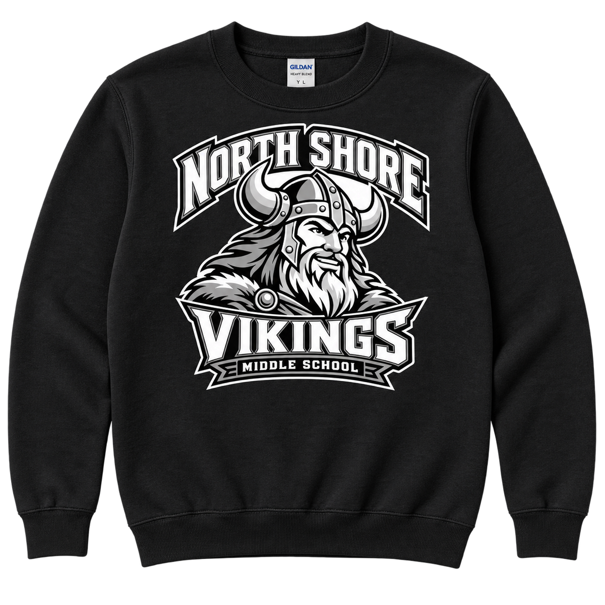 Black North Shore Middle School — Viking Captain Crewneck, youth fit front digital mockup