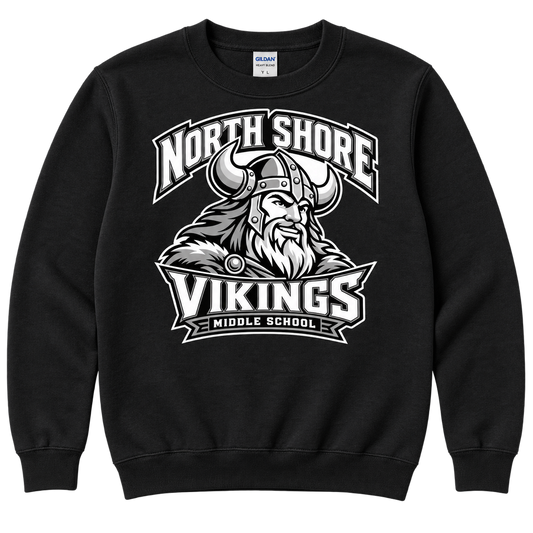 Black North Shore Middle School — Viking Captain Crewneck, youth fit front digital mockup