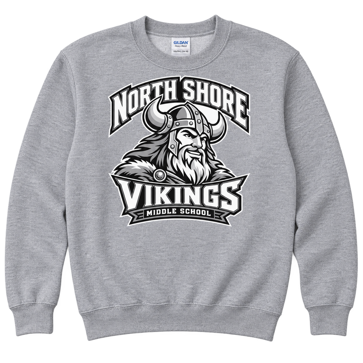 Sport Grey North Shore Middle School — Viking Captain Crewneck, youth fit front digital mockup