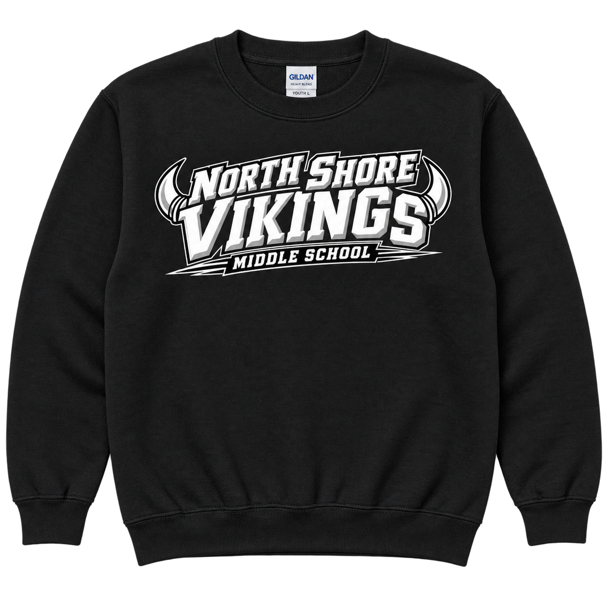 Black North Shore Middle School — Power Type Crewneck, youth fit front digital mockup