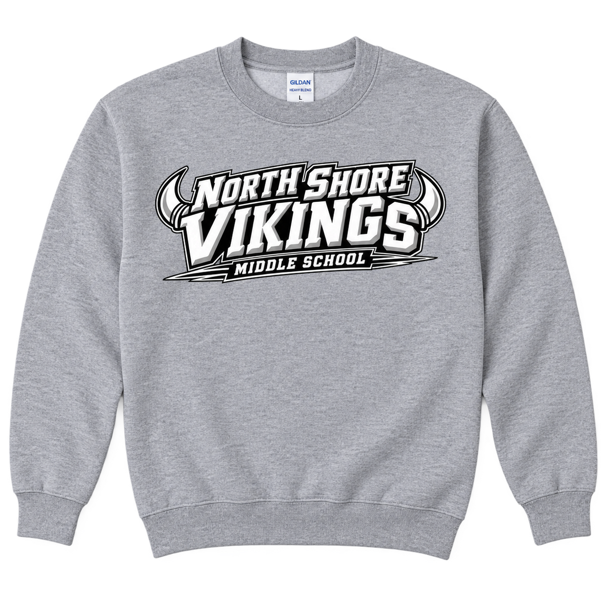 Sport Grey North Shore Middle School — Power Type Crewneck, youth fit front digital mockup