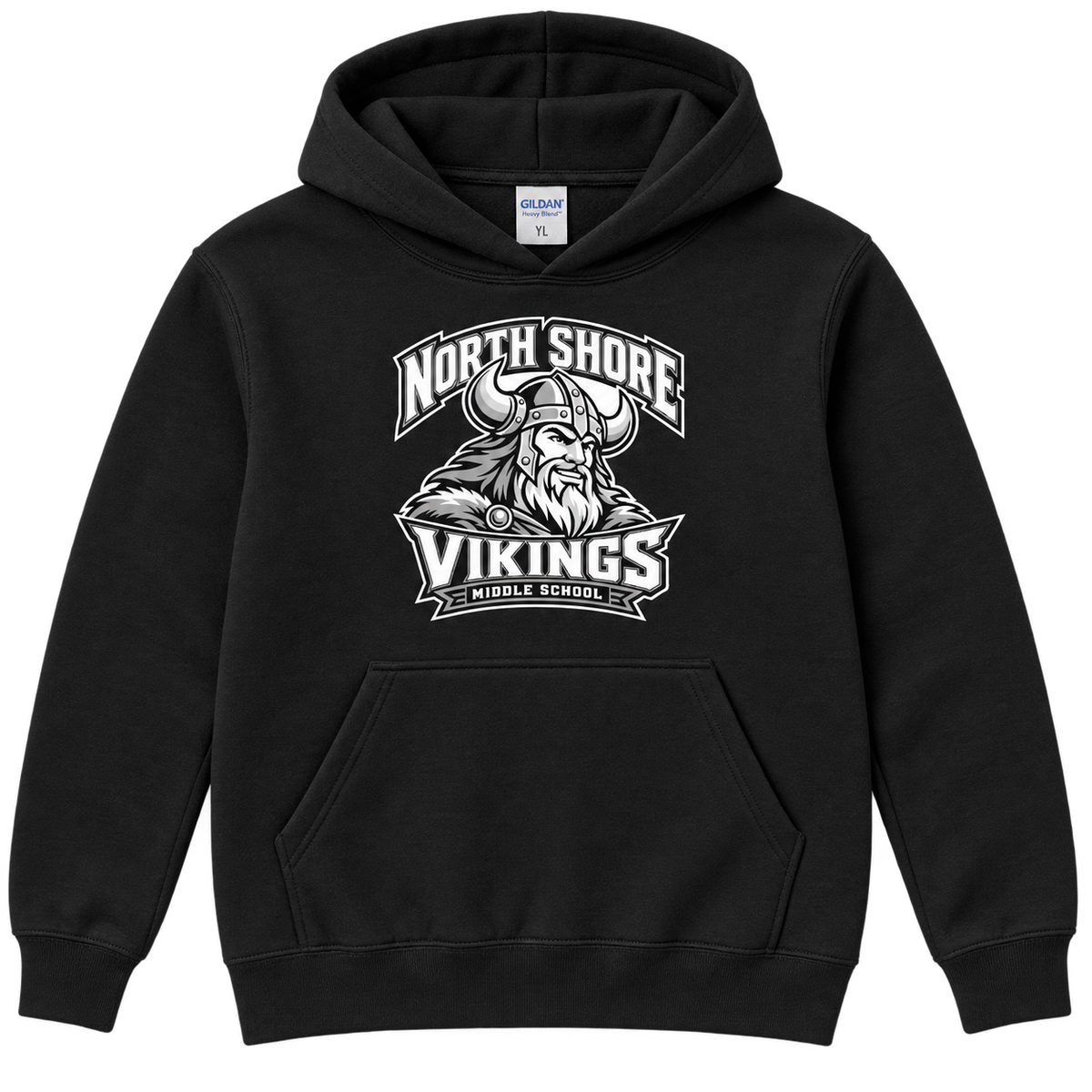 Black North Shore Middle School — Viking Captain Pullover, youth fit front digital mockup