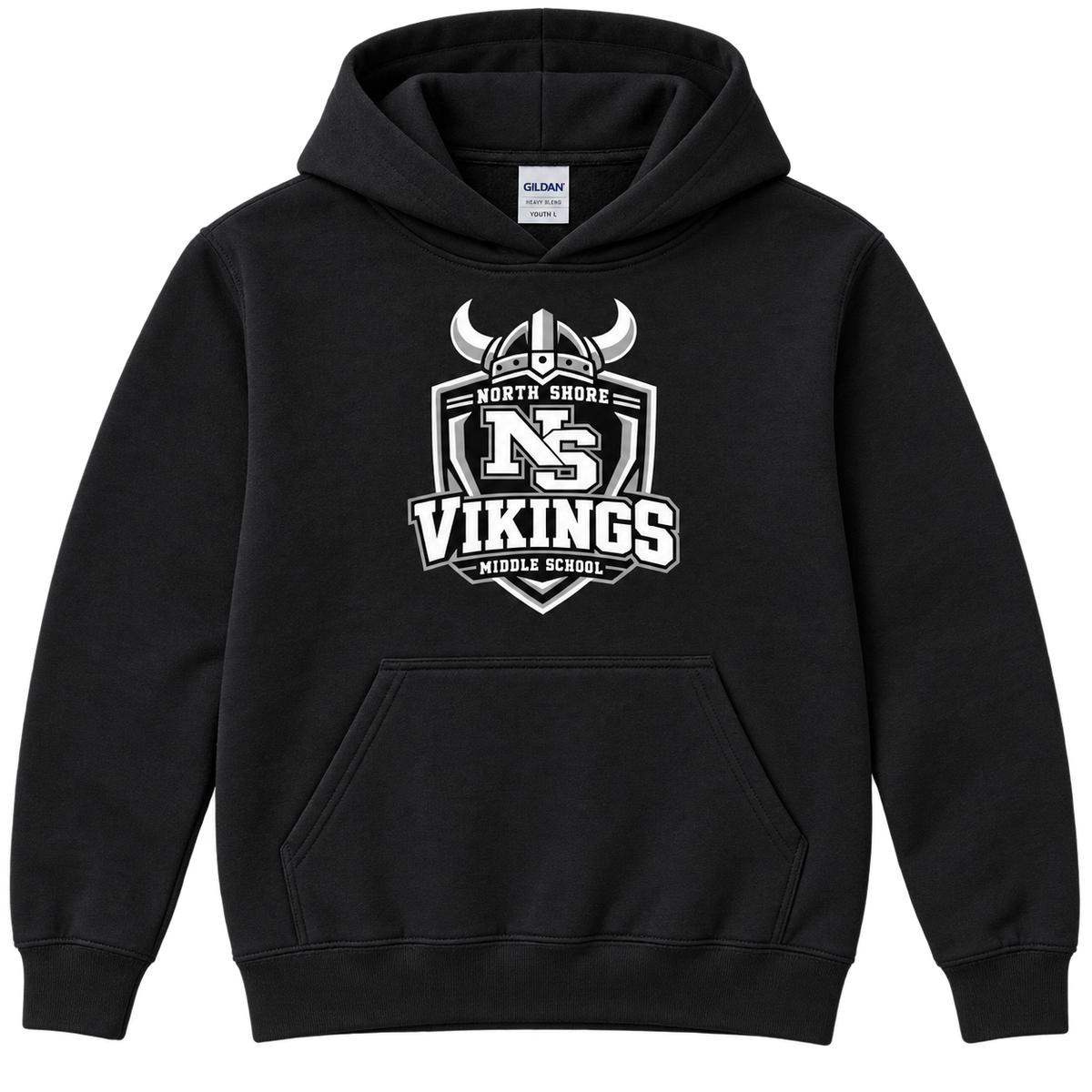 Black North Shore Middle School — Helmet Shield Pullover, youth fit front digital mockup