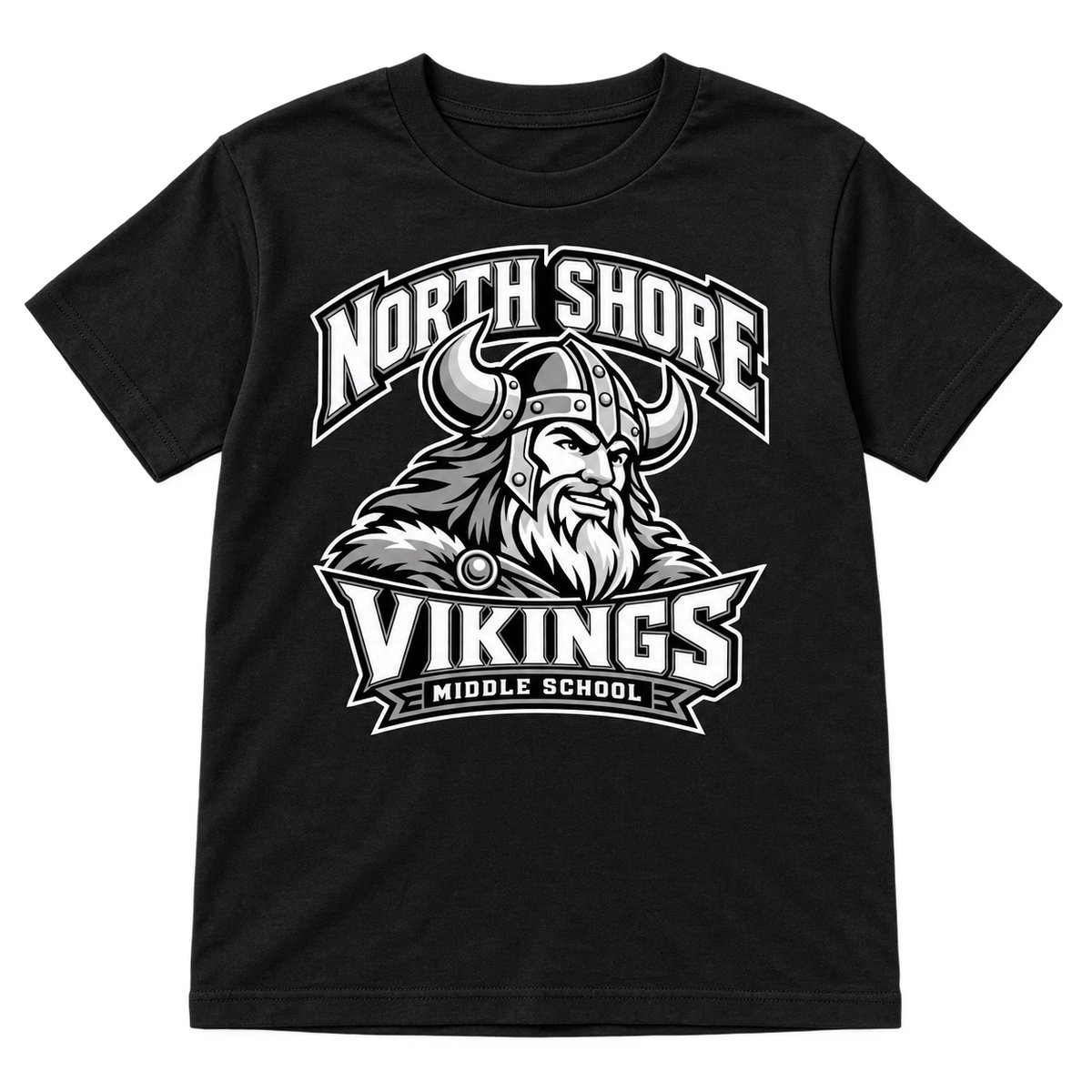 Black North Shore Middle School Viking Captain tee, youth fit front digital mockup