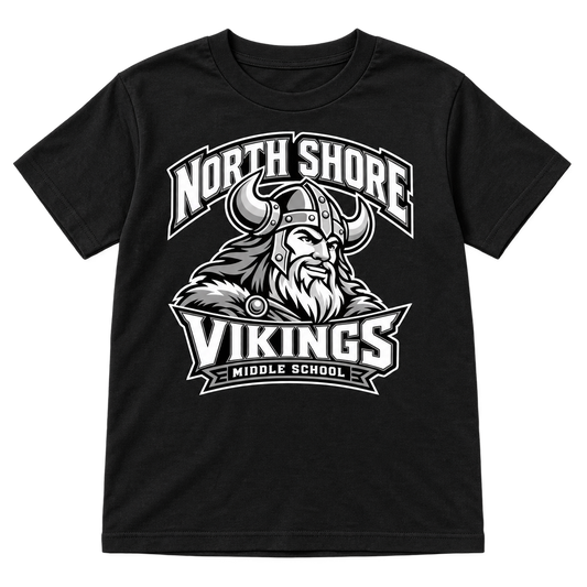 Black North Shore Middle School Viking Captain tee, youth fit front digital mockup
