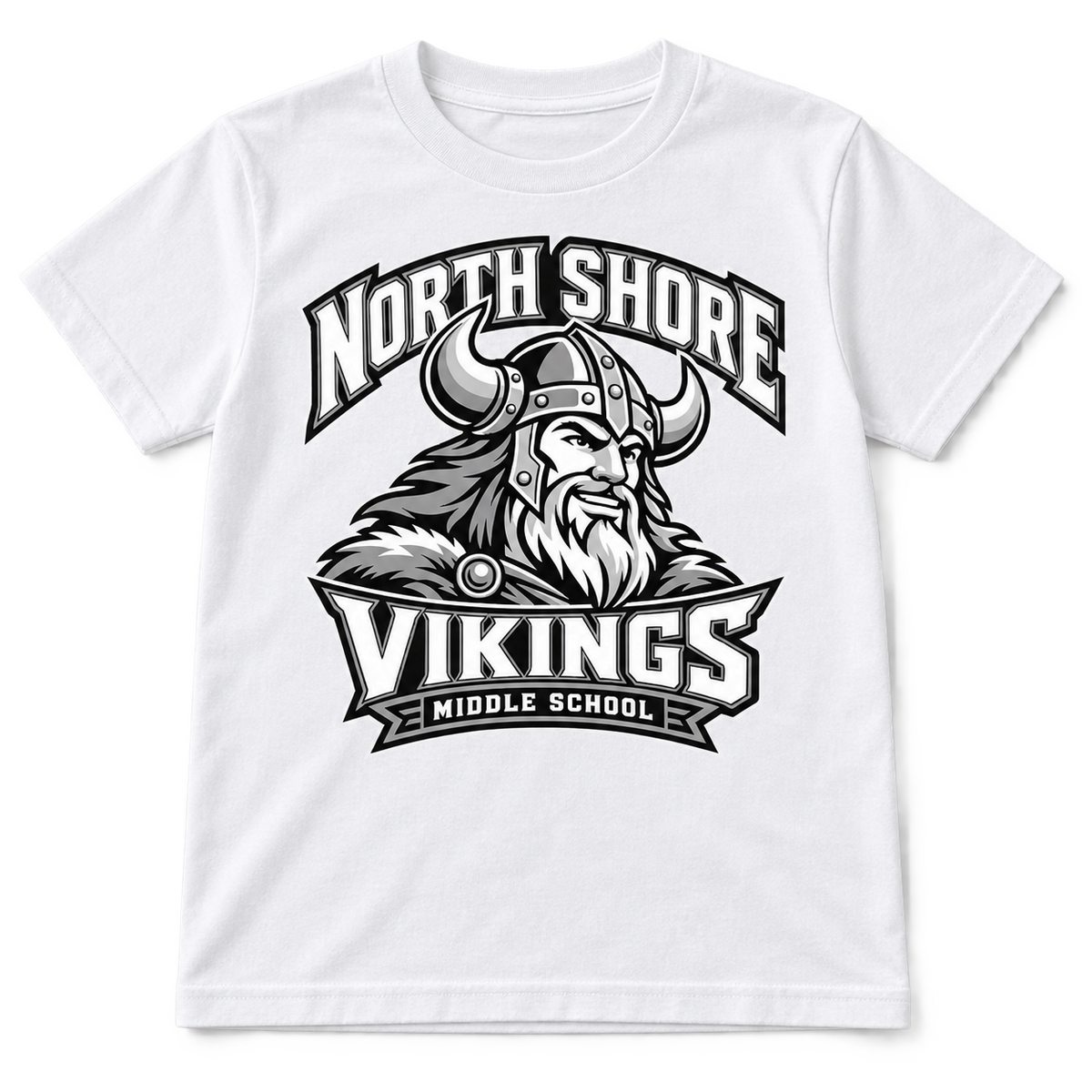 White North Shore Middle School Viking Captain tee, youth fit front digital mockup