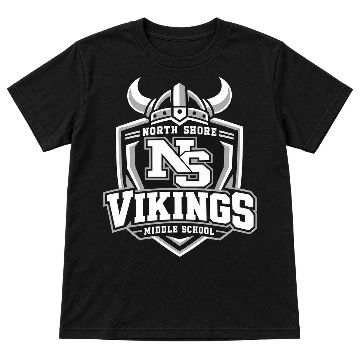 Black North Shore Middle School Helmet Shield tee, youth fit front digital mockup