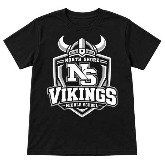 Black North Shore Middle School Helmet Shield tee, youth fit front digital mockup