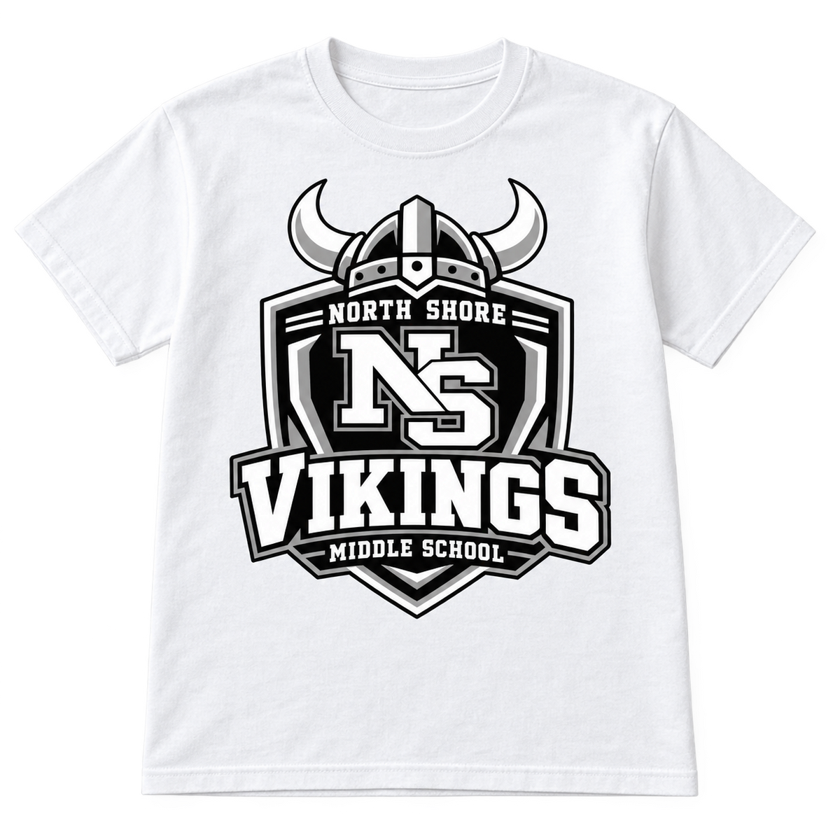 White North Shore Middle School Helmet Shield tee, youth fit front digital mockup
