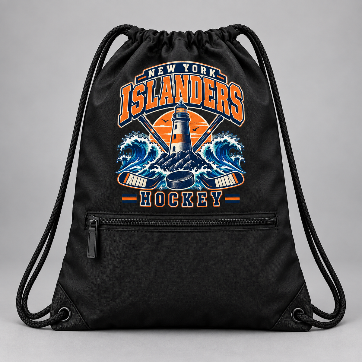 New York Islanders Coastal Retro Zip-Pocket Drawstring Bag in Black, front view