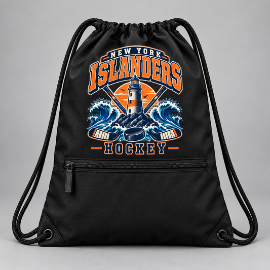 New York Islanders Coastal Retro Zip-Pocket Drawstring Bag in Black, front view
