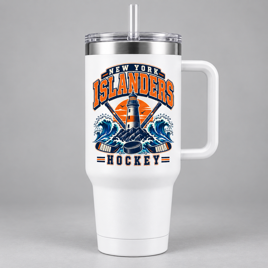 New York Islanders Coastal Retro Handled Tumbler in White, front view