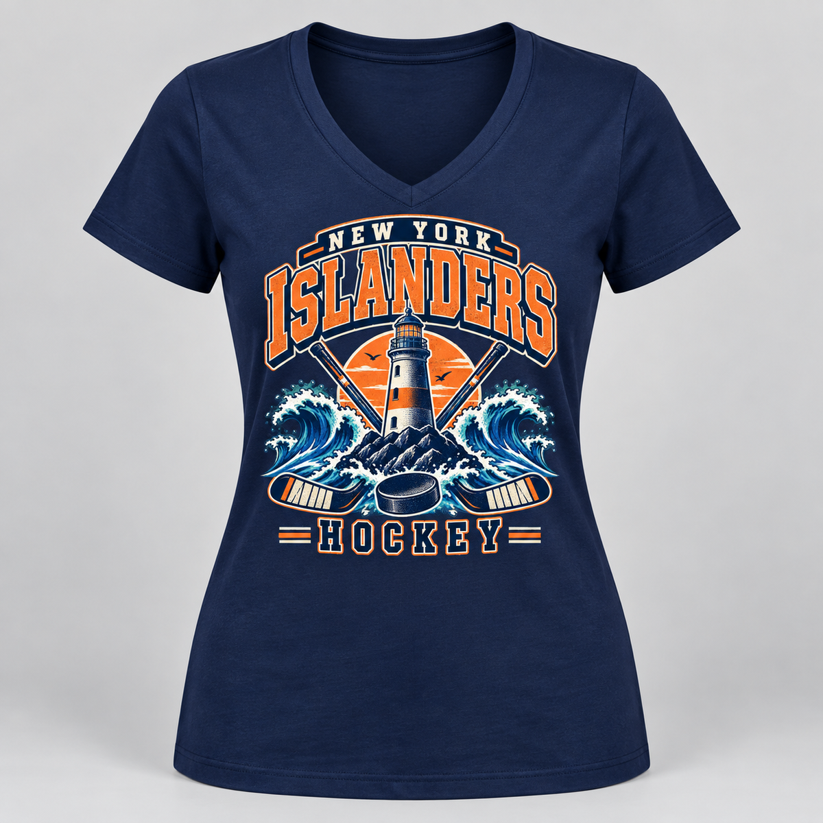 New York Islanders Coastal Retro Women's V-Neck T-Shirt in Navy, front view