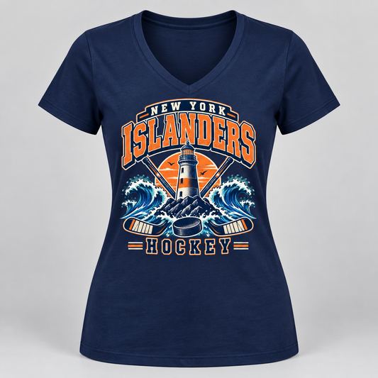 New York Islanders Coastal Retro Women's V-Neck T-Shirt in Navy, front view