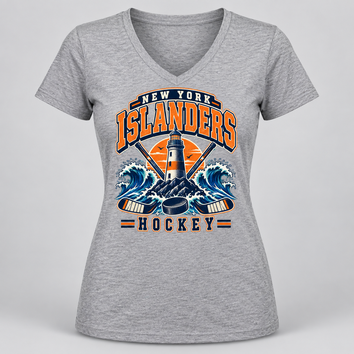 New York Islanders Coastal Retro Women's V-Neck T-Shirt in Sport Gray, front view