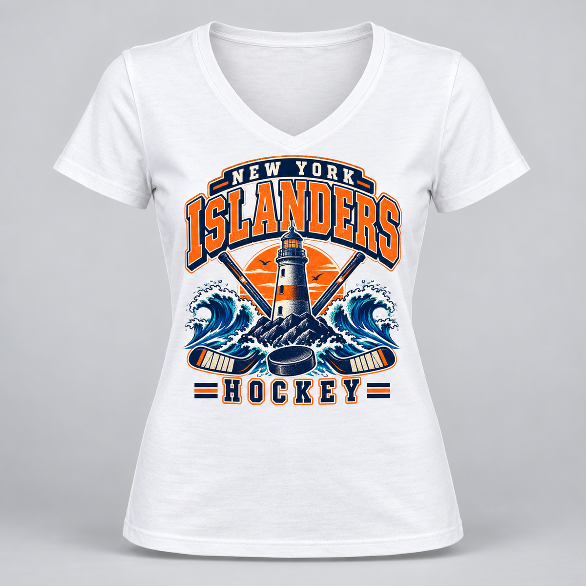 New York Islanders Coastal Retro Women's V-Neck T-Shirt in White, front view