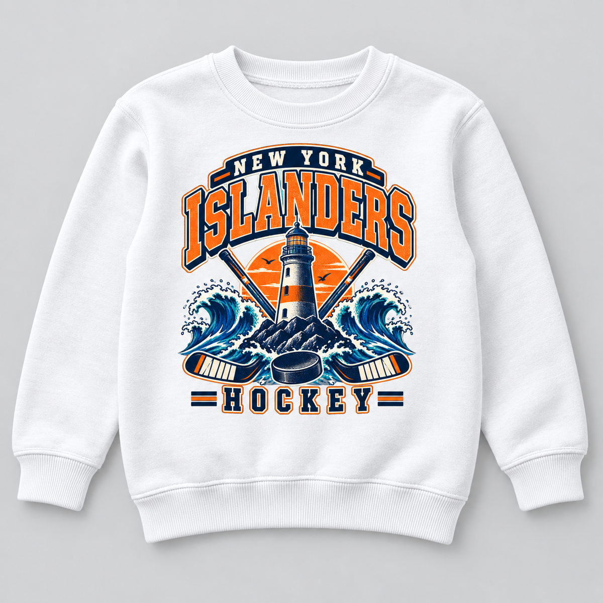 New York Islanders Coastal Retro Youth Crewneck Sweatshirt in White, front view