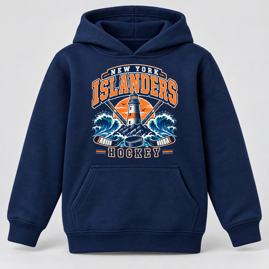 New York Islanders Coastal Retro Youth Pullover Hoodie in Navy, front view