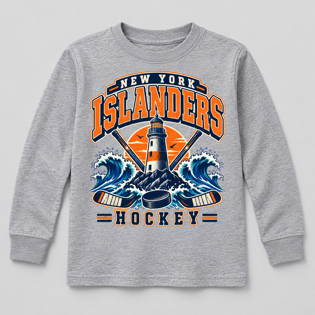 New York Islanders Coastal Retro Youth Long Sleeve T-Shirt in Sport Gray, front view
