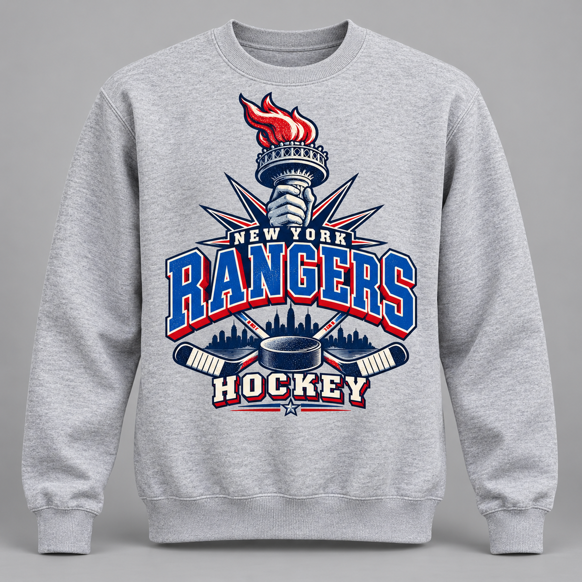New York Rangers Torch Retro Unisex Crewneck Sweatshirt in Sport Gray, front view