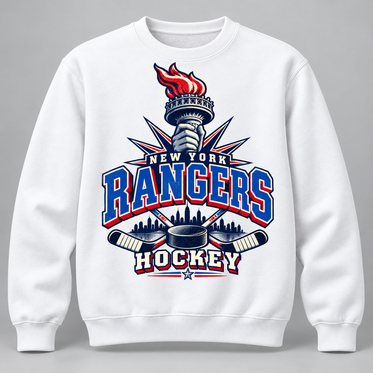 New York Rangers Torch Retro Unisex Crewneck Sweatshirt in White, front view