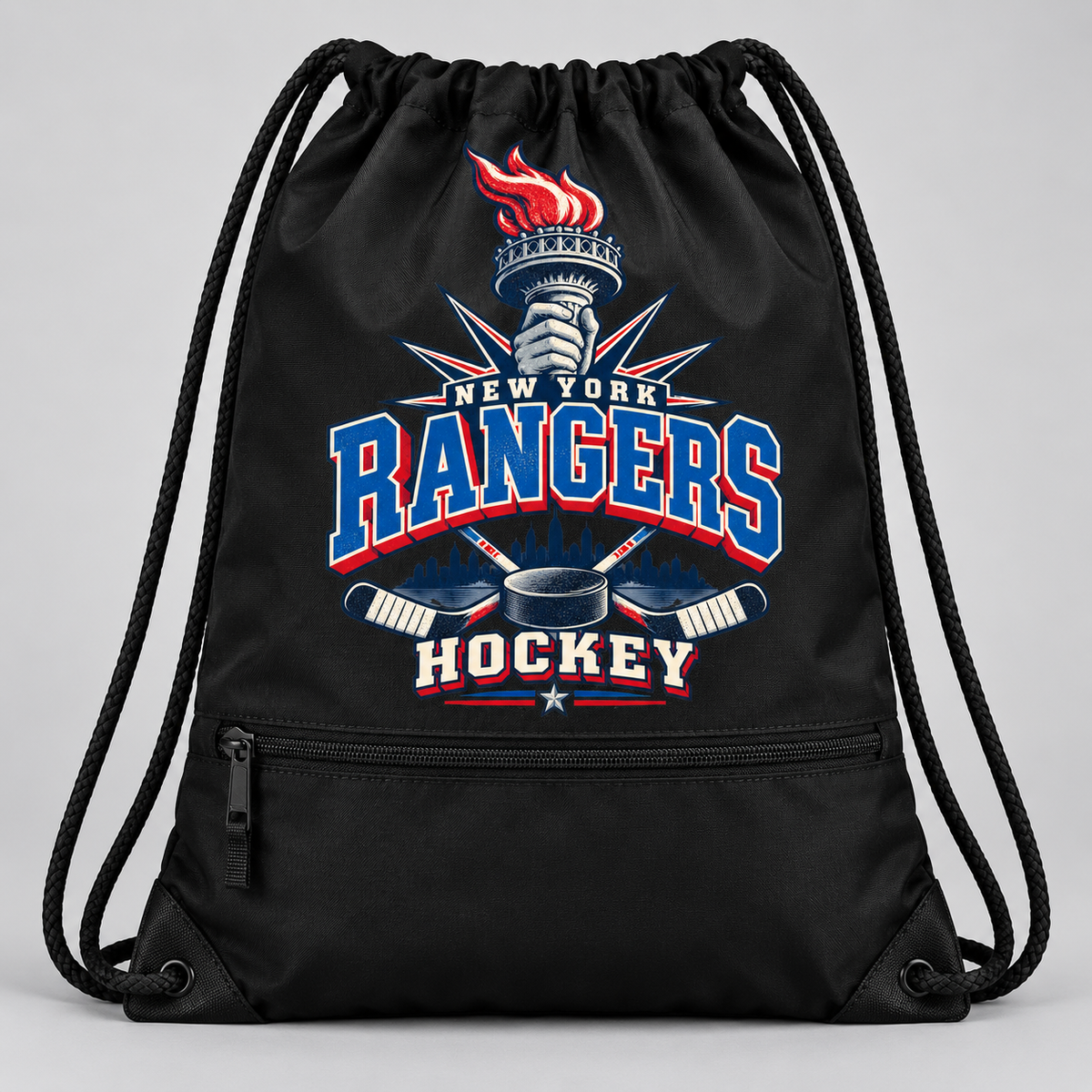 New York Rangers Torch Retro Zip-Pocket Drawstring Bag in Black, front view