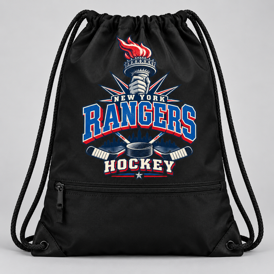 New York Rangers Torch Retro Zip-Pocket Drawstring Bag in Black, front view