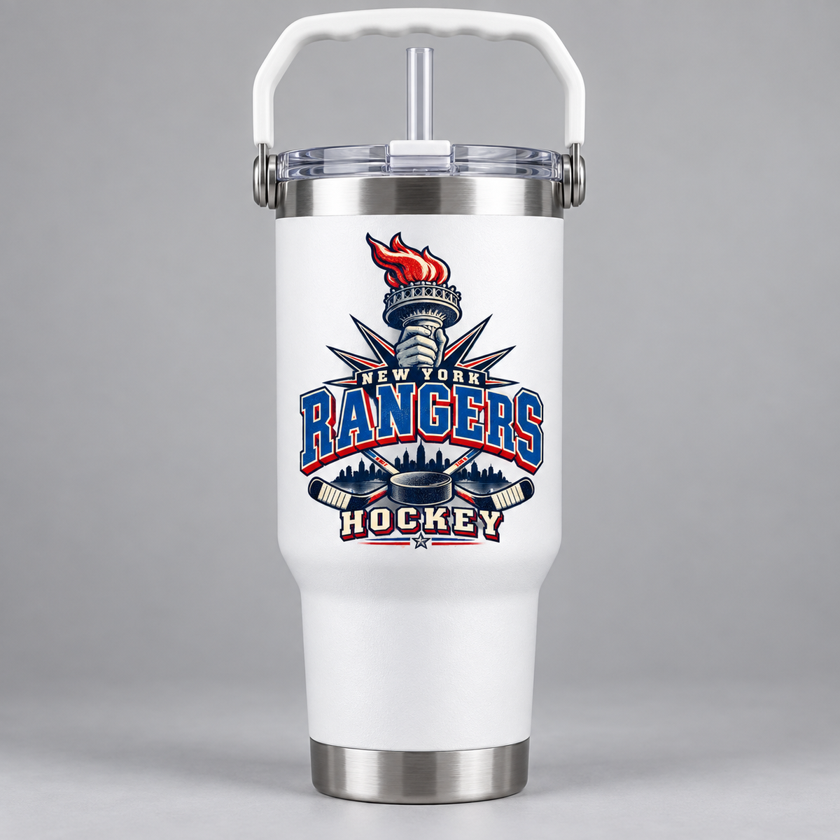 New York Rangers Torch Retro Handled Tumbler in White, front view