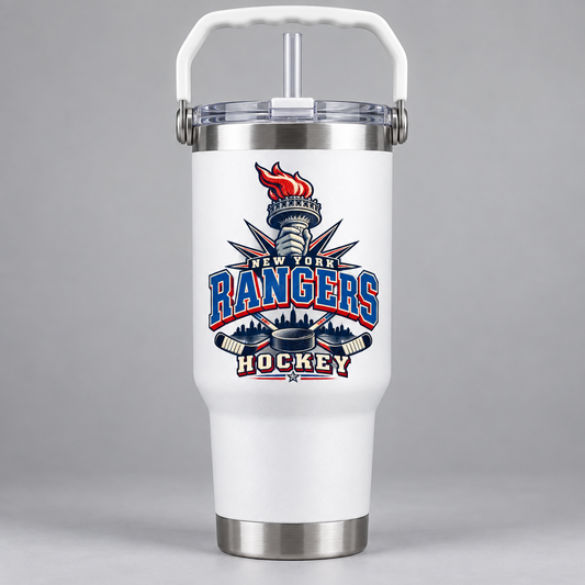 New York Rangers Torch Retro Handled Tumbler in White, front view