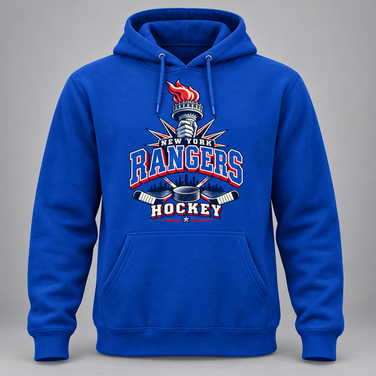 New York Rangers Torch Retro Unisex Pullover Hoodie in Royal Blue, front view