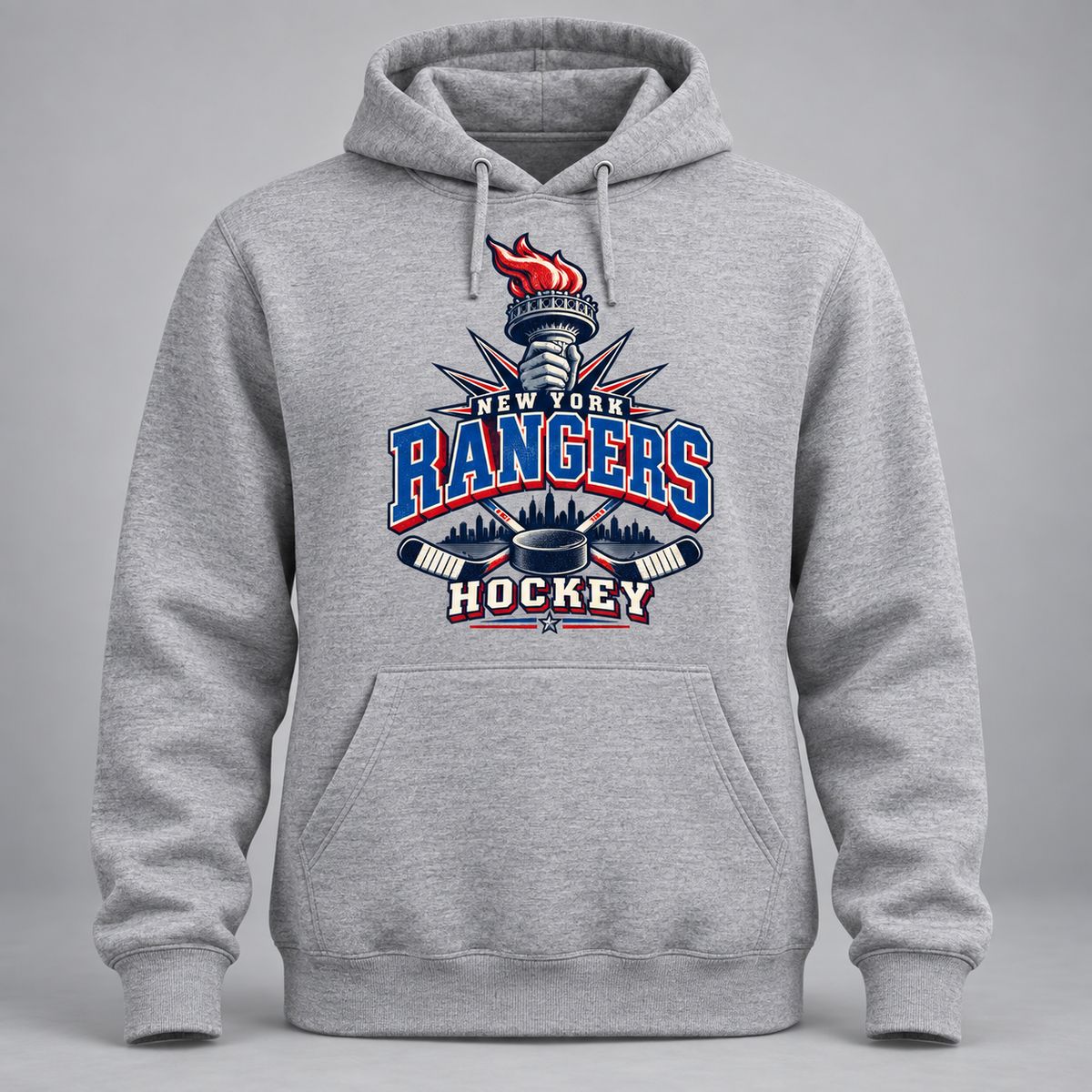 New York Rangers Torch Retro Unisex Pullover Hoodie in Sport Gray, front view