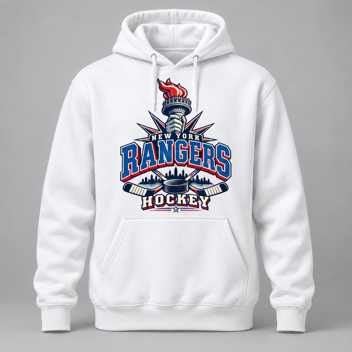 New York Rangers Torch Retro Unisex Pullover Hoodie in White, front view