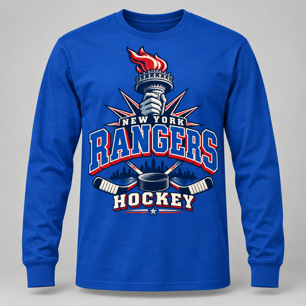 New York Rangers Torch Retro Unisex Long Sleeve T-Shirt in Royal Blue, front view