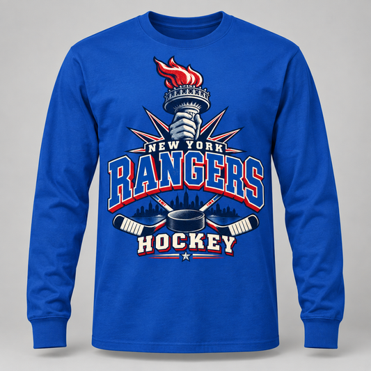 New York Rangers Torch Retro Unisex Long Sleeve T-Shirt in Royal Blue, front view