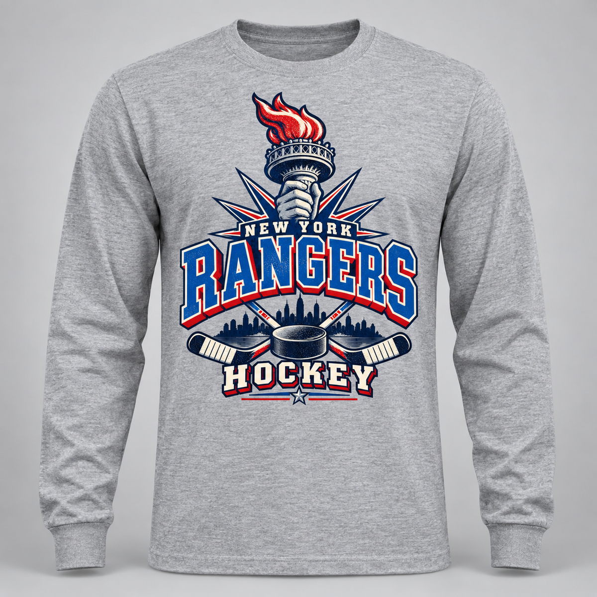 New York Rangers Torch Retro Unisex Long Sleeve T-Shirt in Sport Gray, front view