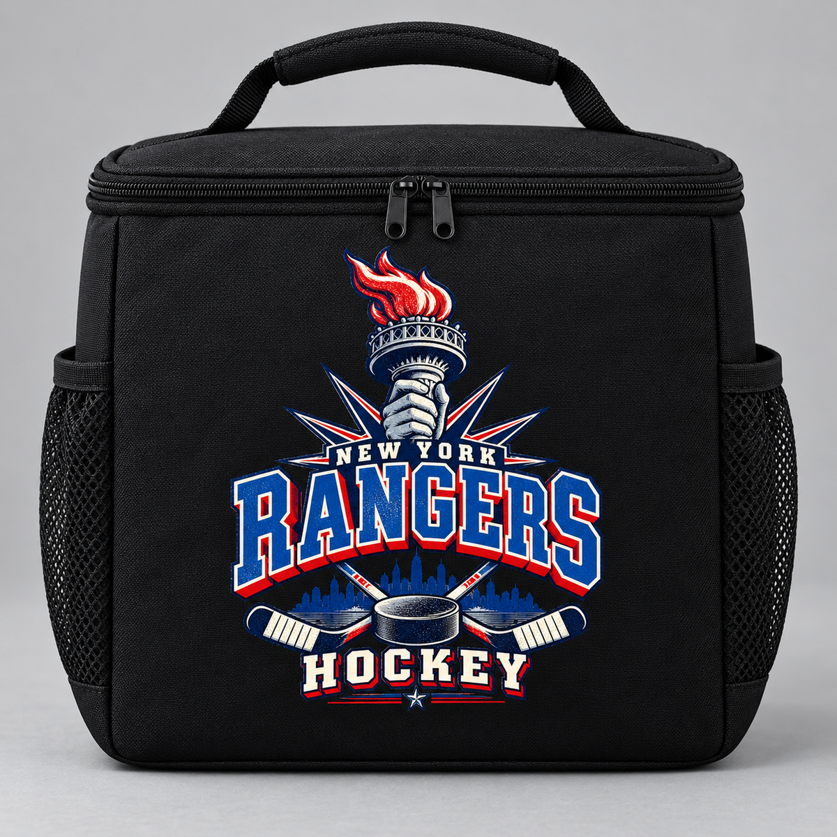 New York Rangers Torch Retro Insulated Lunch Bag in Black, front view