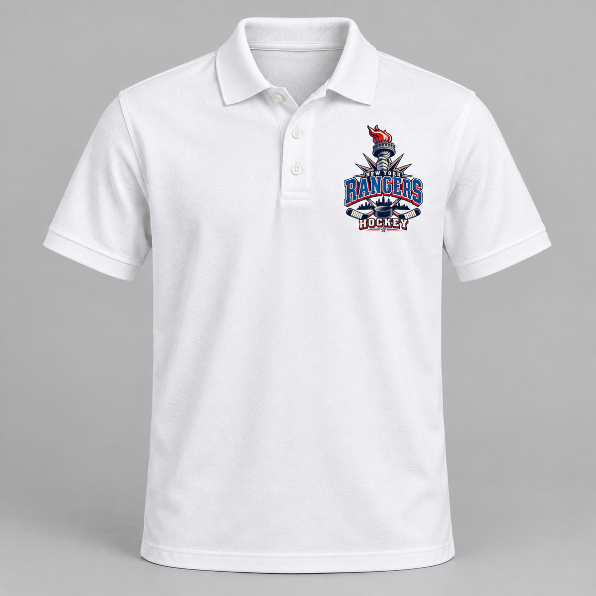 New York Rangers Torch Retro Unisex Pique Polo in White, front view