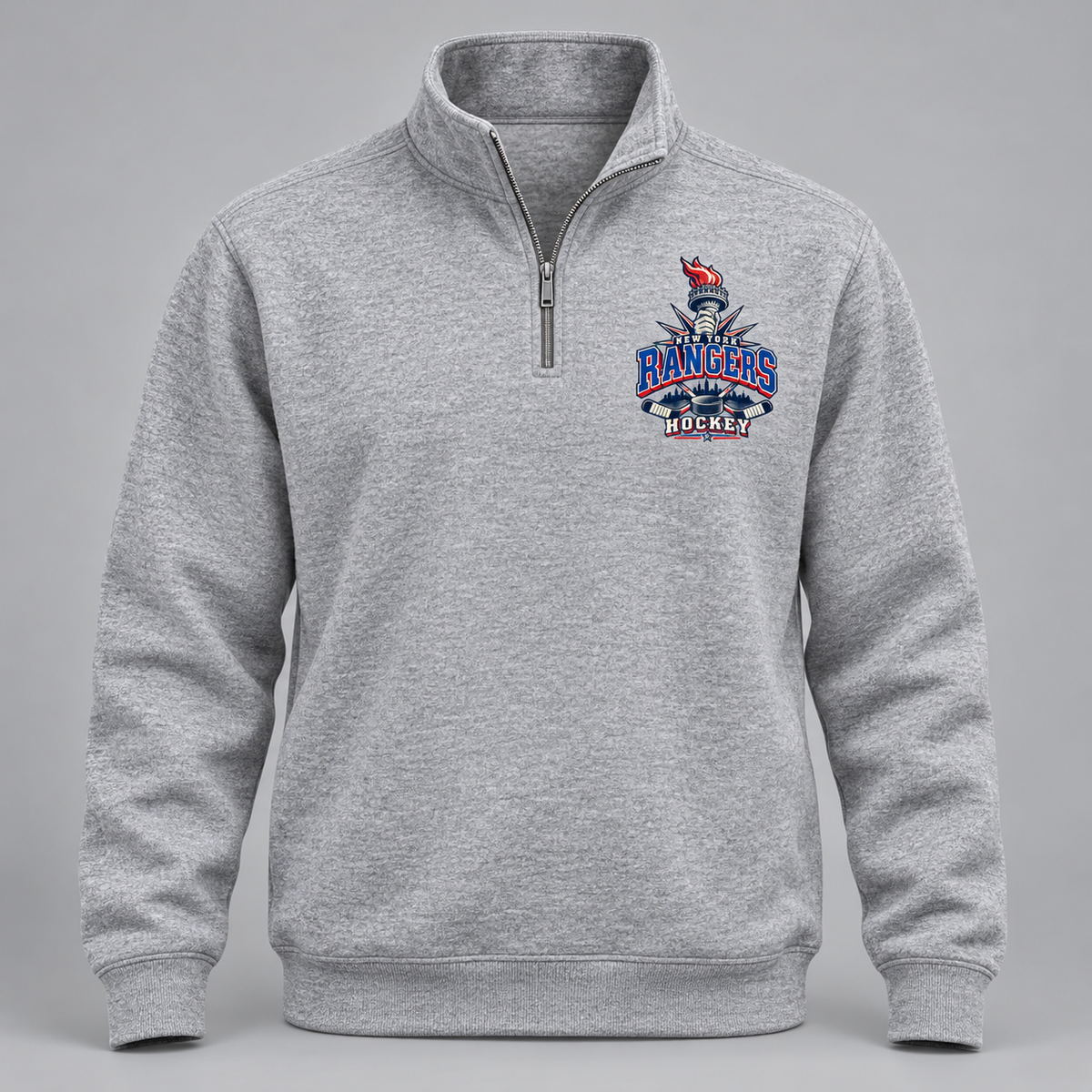 New York Rangers Torch Retro Unisex Quarter-Zip Pullover in Sport Gray, front view
