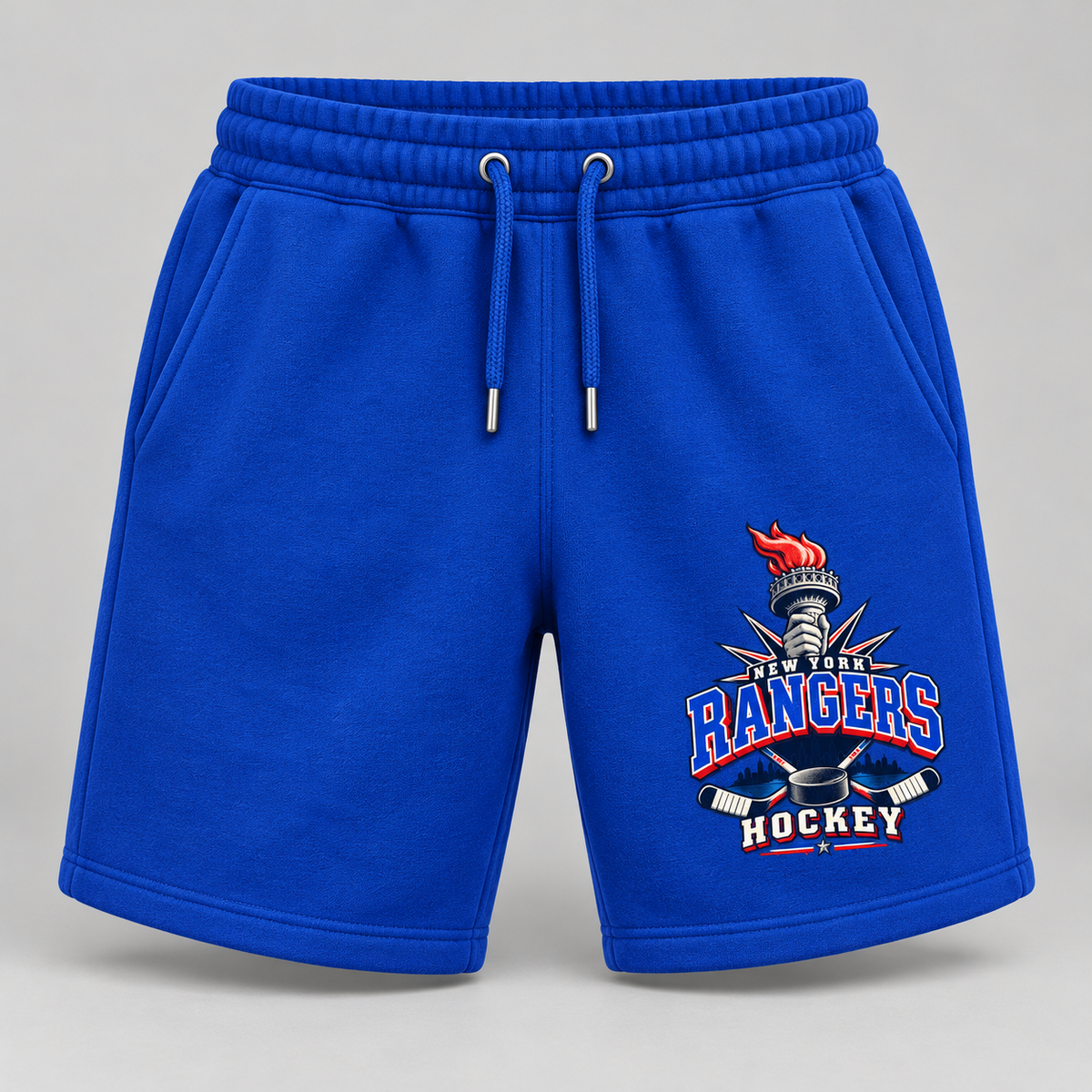 New York Rangers Torch Retro Unisex Fleece Shorts in Royal Blue, front view