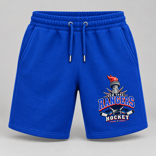 New York Rangers Torch Retro Unisex Fleece Shorts in Royal Blue, front view